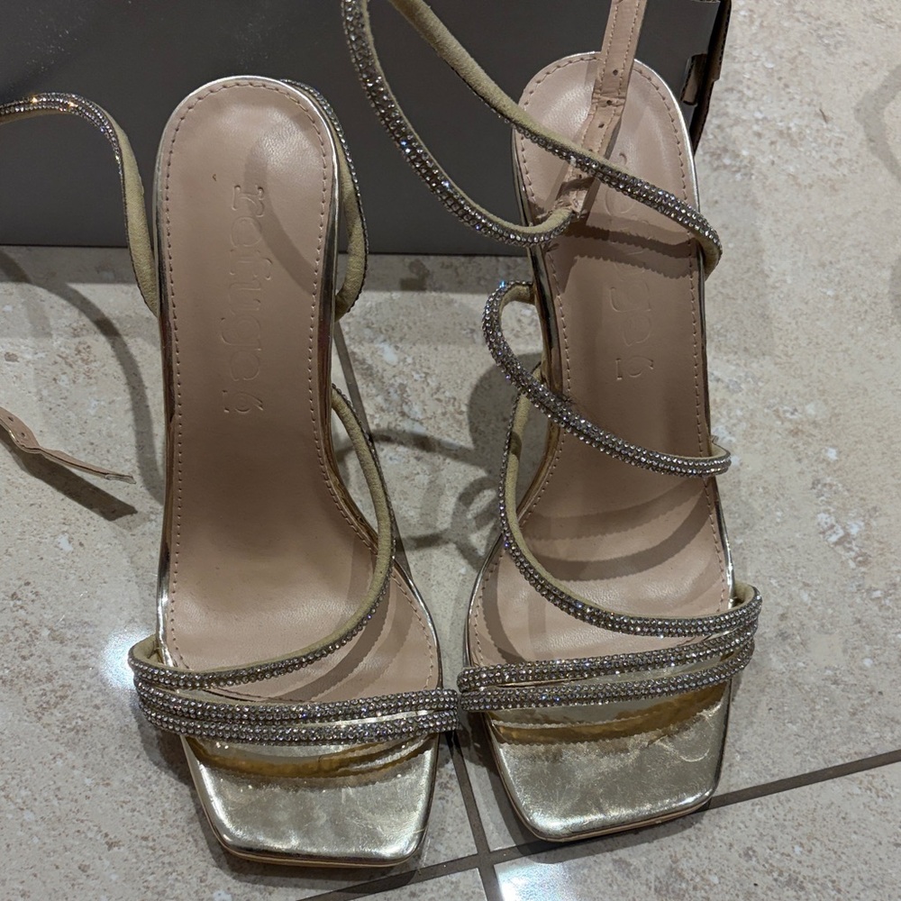 refuge Gold Rhinestone Wrap-Strap Heeled Sandals